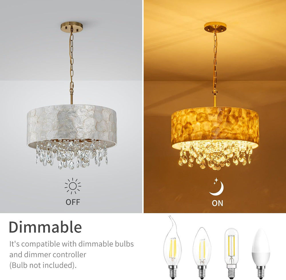 LumFurn D18in Drum Capiz Shell Crystal Chandeliers, 4-Light Coastal Style Lig...