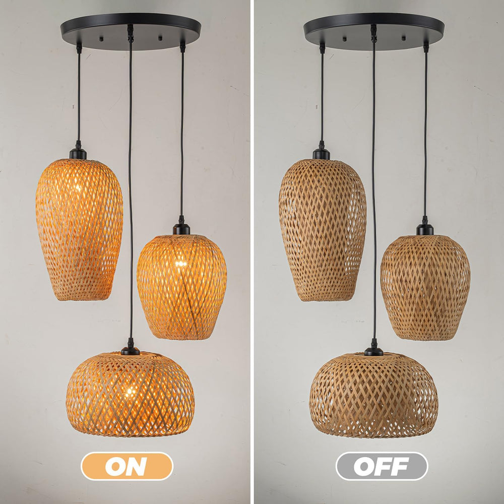 Rattan Pendant Light Bamboo Hanging Light 3-Lights Boho Pendant Light Fixture...
