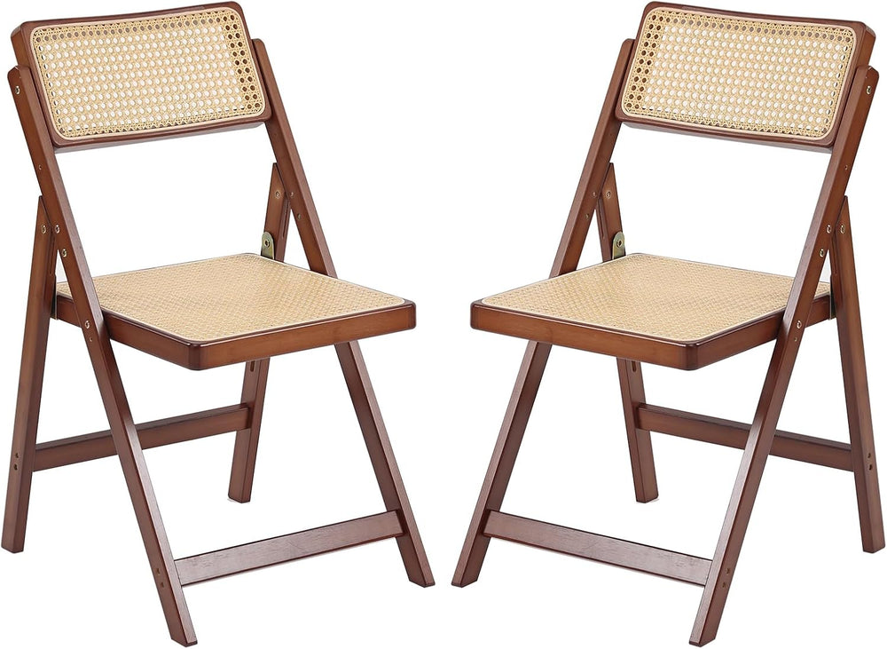 Tiita Rattan Folding Dining Chairs Set of 2, Bamboo Frame, Walnut
