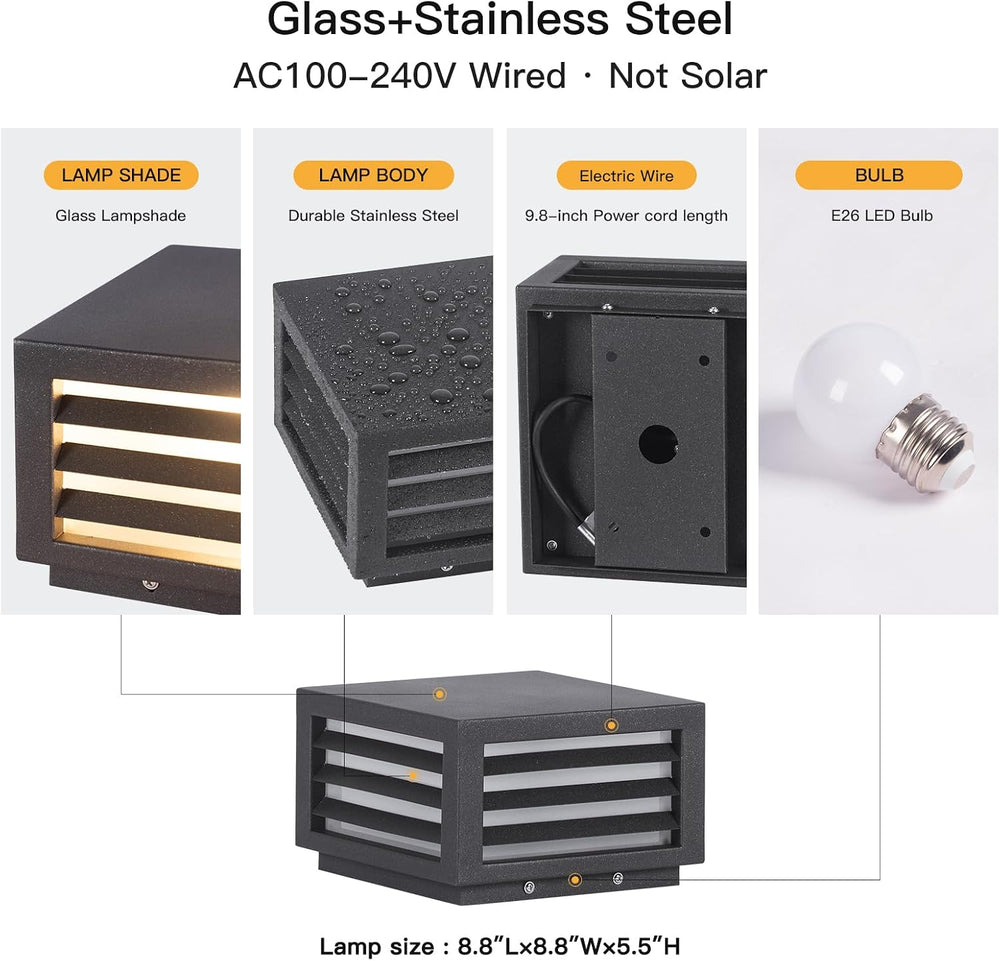 MVBT Glass Post Lights Outdoor, 8.8" Hard Wired Pillar Lights Outdoor