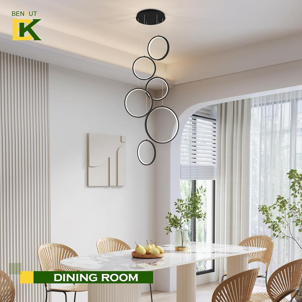 Benkut Modern LED Chandelier 6 Ring Black LED Pendant Light Adjustable Height...