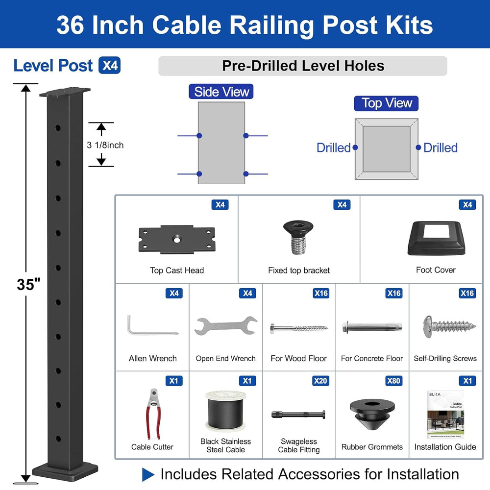 BLIKA 12FT-20FT Complete Set 36" Cable Railing Post Kit