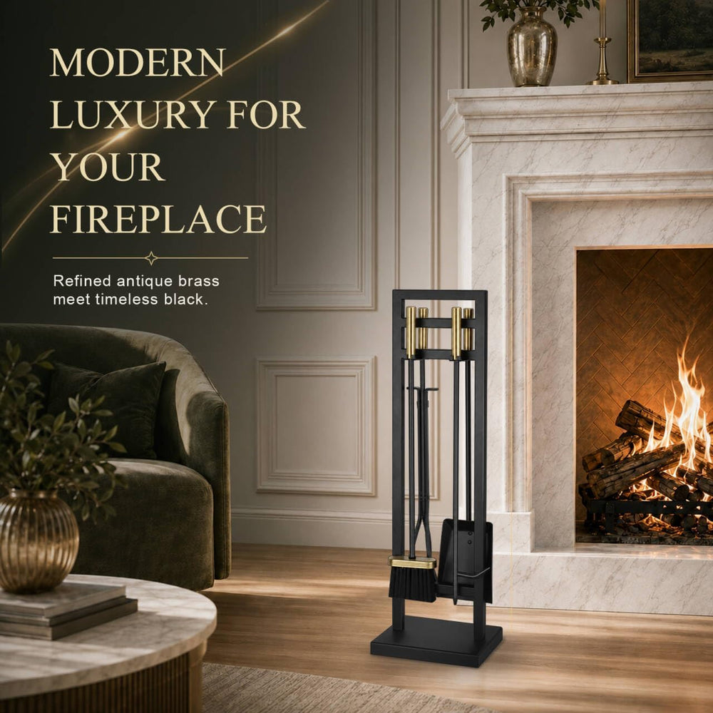 FEED GARDEN 5-Piece Fireplace Tool Set, 30" One-Piece Stand, Antique Brass
