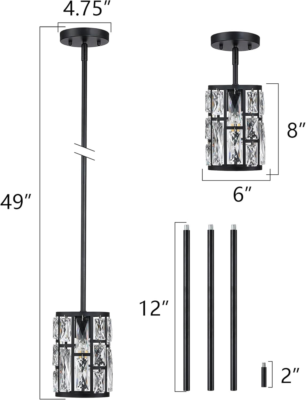 MEXO Modern Crystal Pendant Light Fixture 2-Pack Matte Black Finish Hanging L...