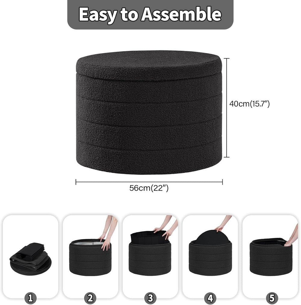 PINPLUS Round Storage Ottoman, Foldable Sherpa Ottoman Footstool Storage with...