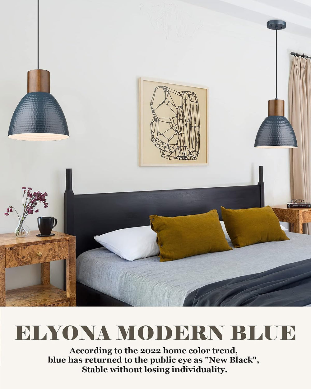 ELYONA 2 Pack Modern Hammered Pendant Lights 10.2” Blue Solid Wood Hanging La...