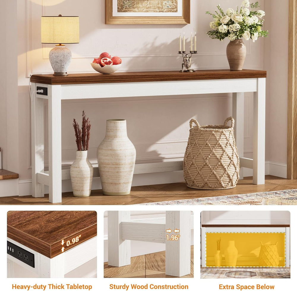 Cyclysio 63" Console Table with 2 AC Outlets & 3 USB Ports, Rustic Oak