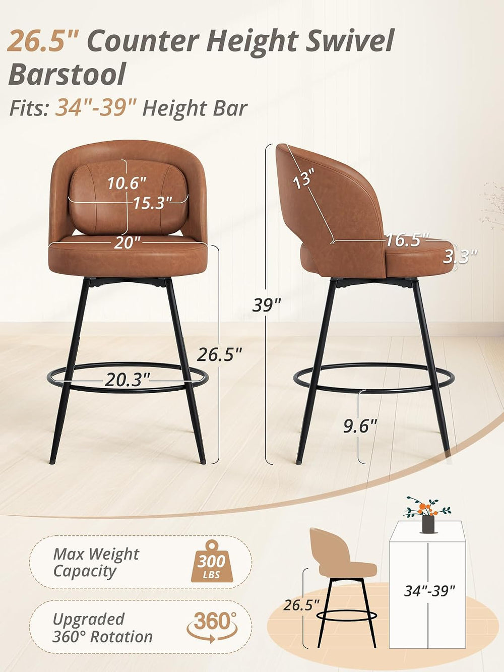 LUE BONA 26''H Swivel Bar Stools Set of 3, Counter Height Bar Stools ...
