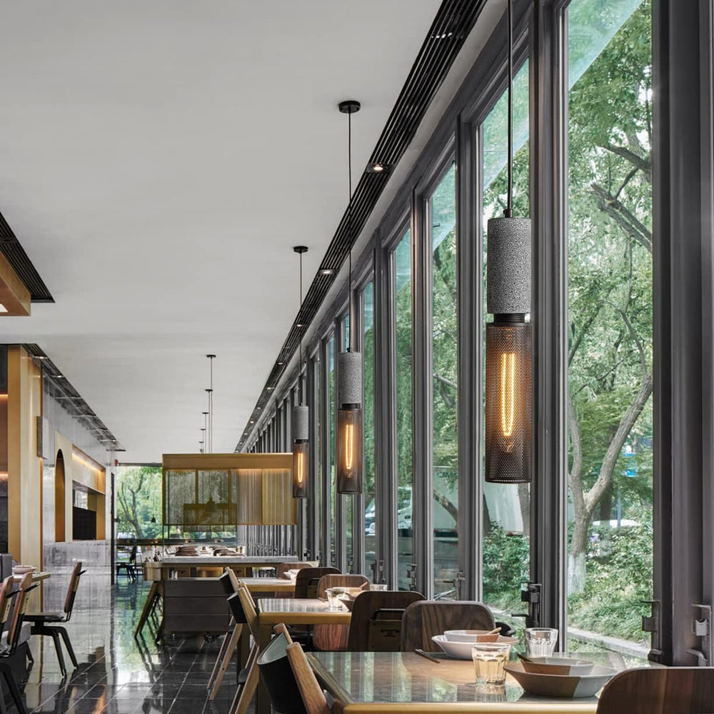 Concrete Linear Pendant Light with a Metal Mesh Shade,Modern Industrial Hangi...