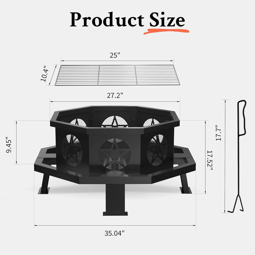 Verdelxue 35 Inch Octagonal Fire Pit with Cooking Grill Wood Burning Black