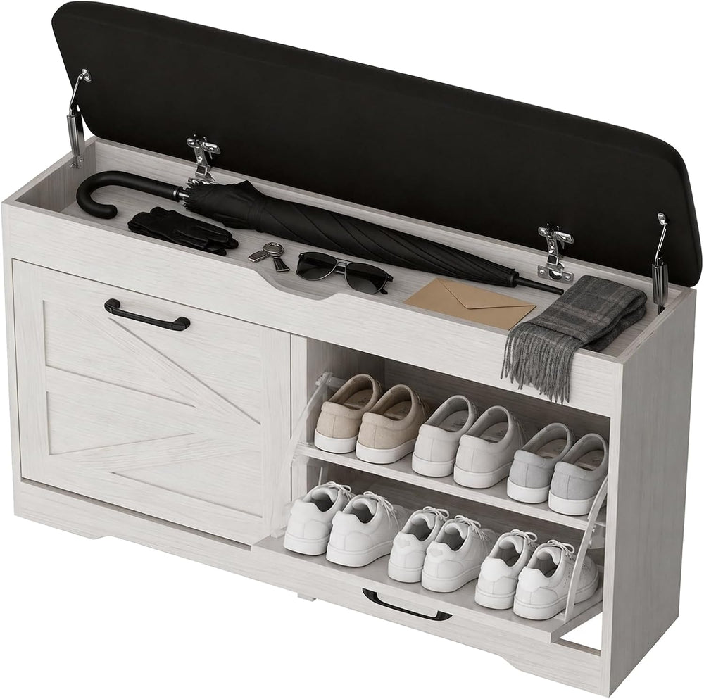 39" Shoe Storage Bench with Seat Cushion, Wood, Ash White