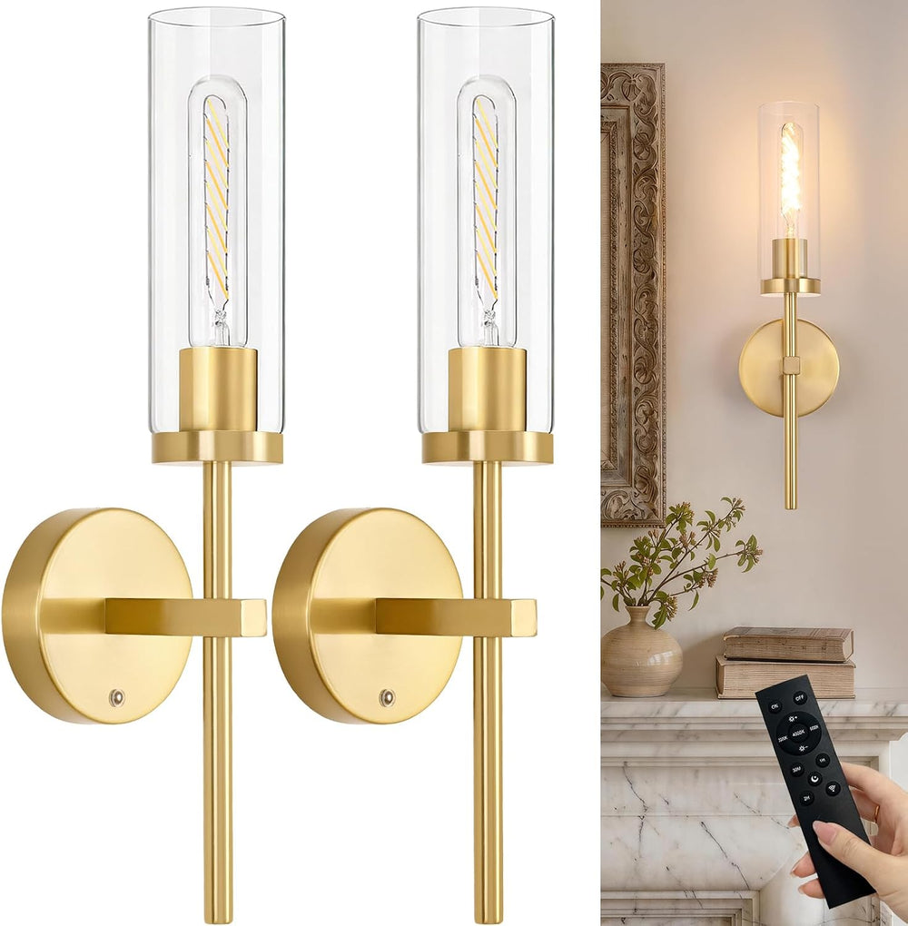 Shenmoyl Battery Operated Wall Sconces Set of 2, Gold Rechargeable Wall Light...