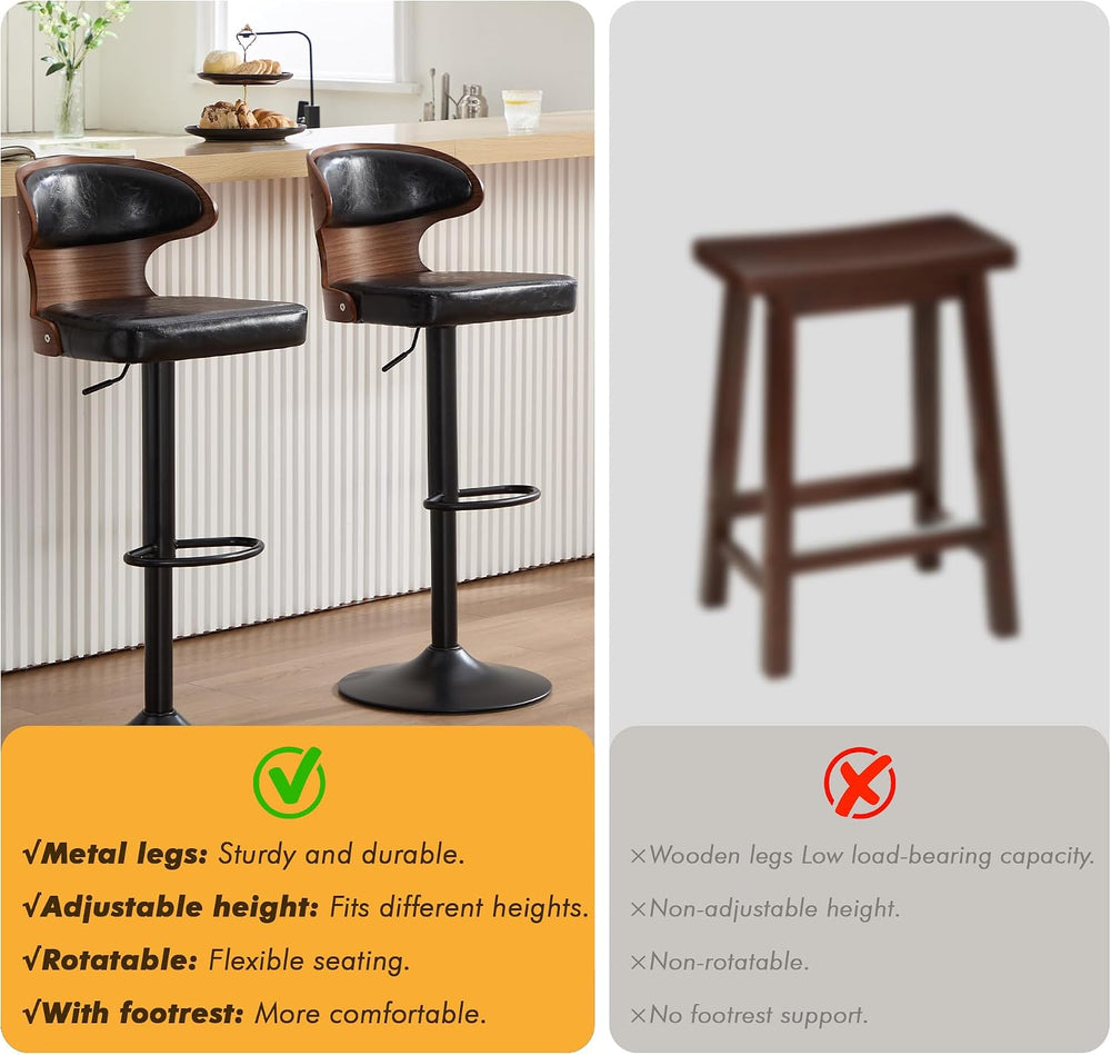 Bar Stool, 360° Swivel Barstools with Solid Wood Back and Footrest, Leather A...