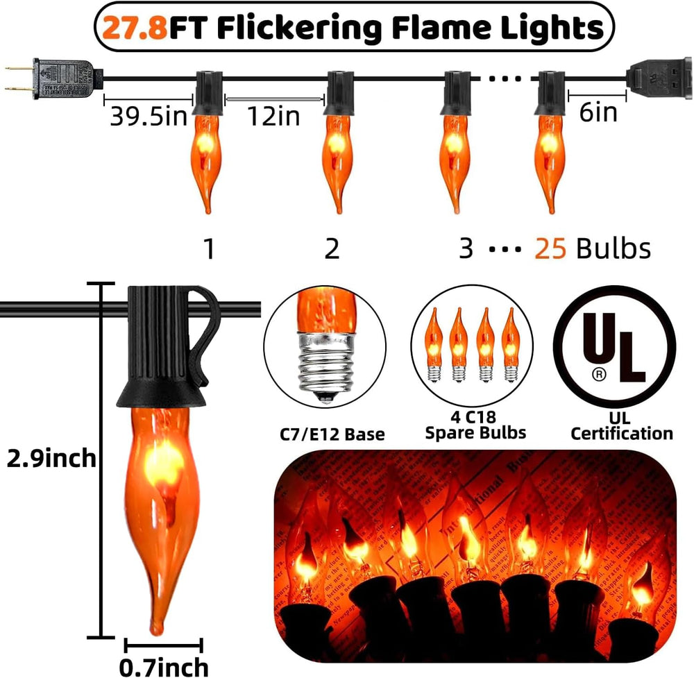 27.8Ft Orange Halloween Lights - Flickering Flame String Lights Orange Flicke...