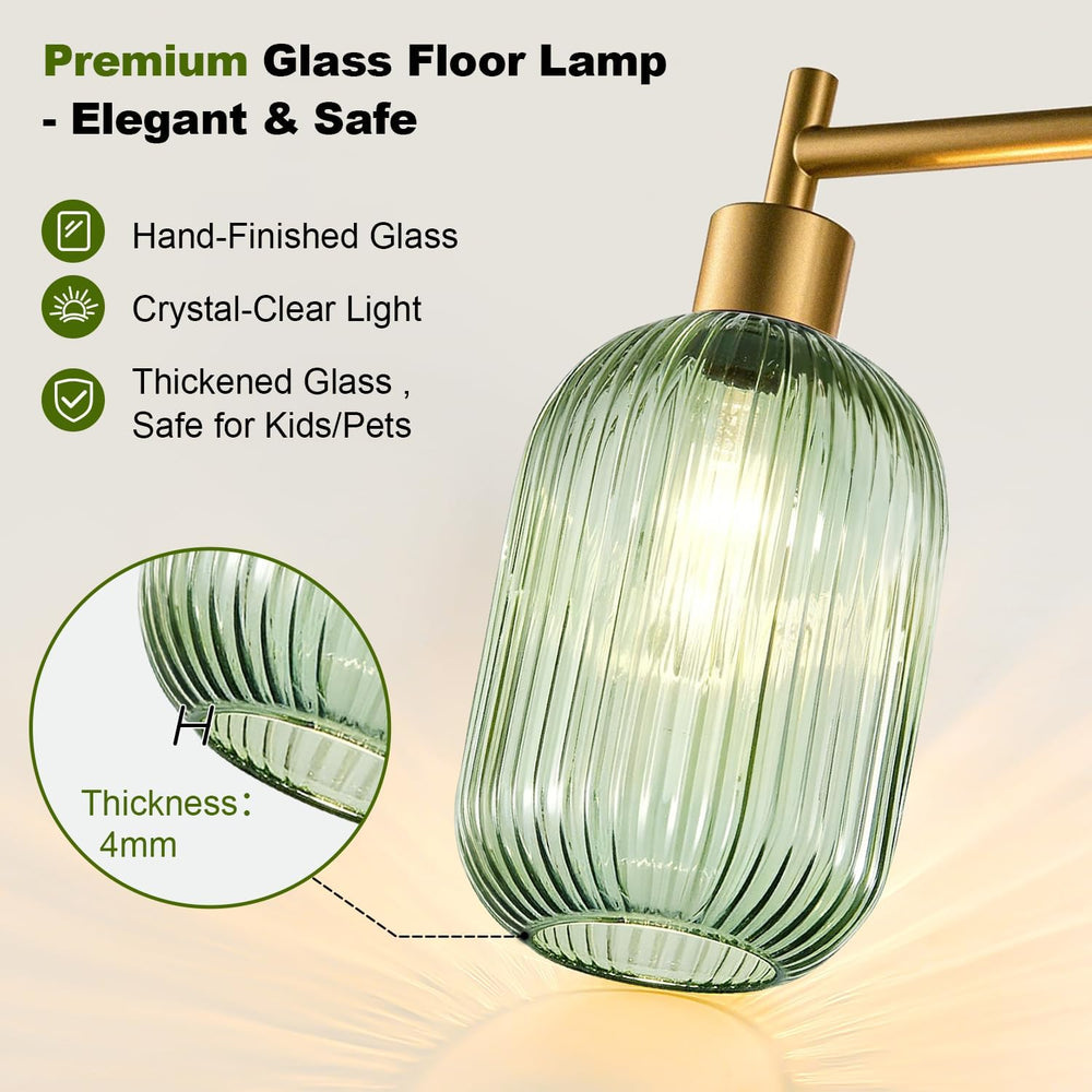 【Upgraded】 Dimmable Floor Lamp for Living Room with Green Ribbed Glass Lampsh...