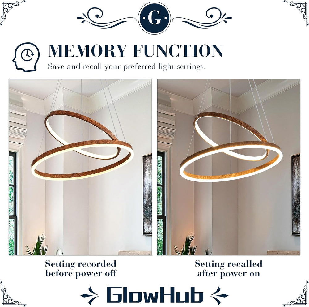 GlowHub Modern LED Chandelier for Dining Room 2 Ring Wood Grain Hanging Light...