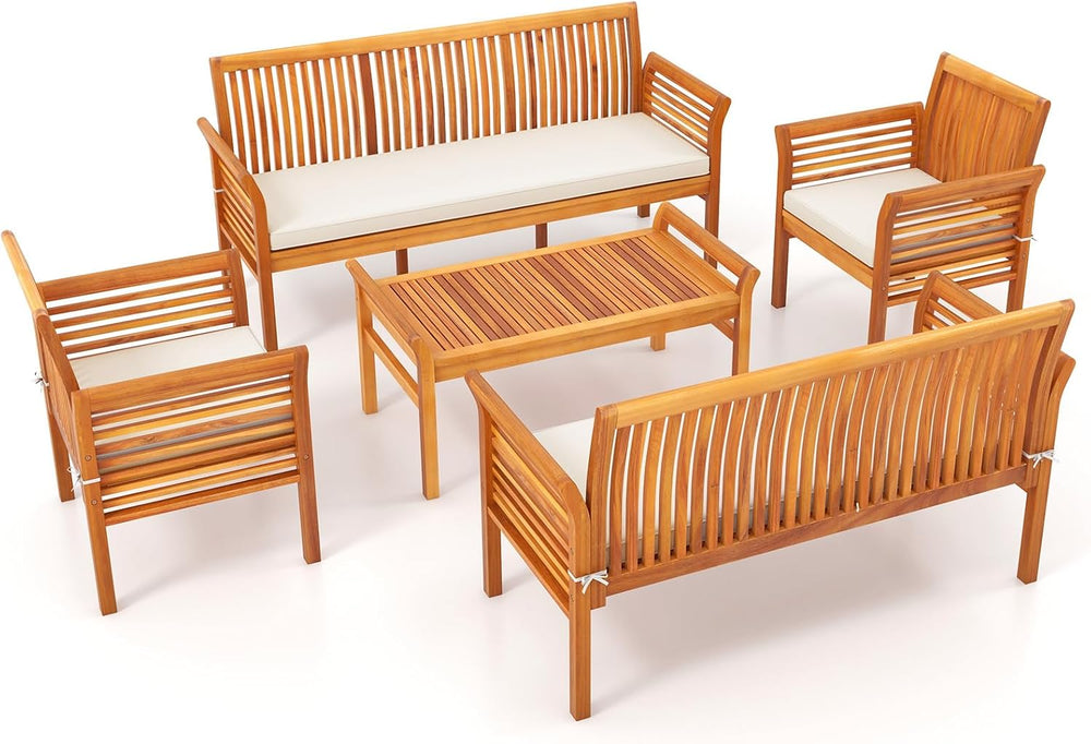 Tangkula 5 Pieces Acacia Wood Patio Furniture Set, Wood Outdoor Conversation ...