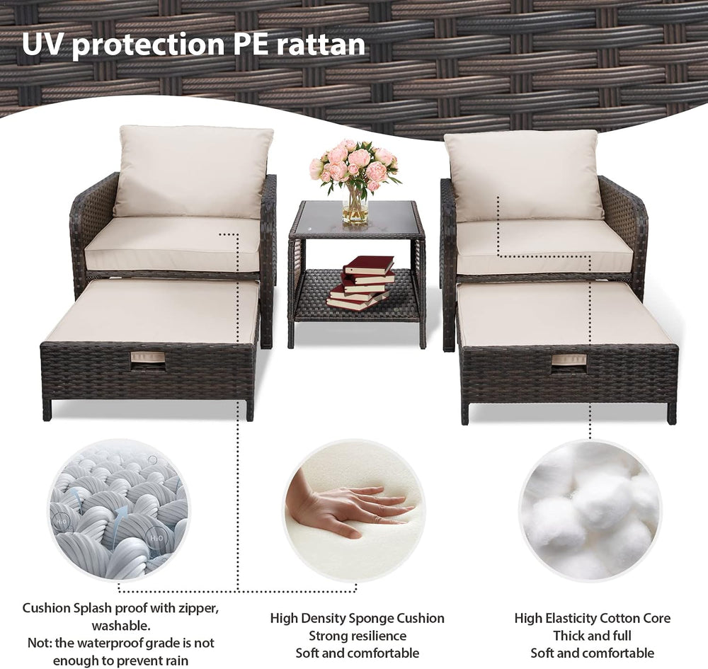 LEVELEVE Balcony Furniture 5 Piece Patio Conversation Set, PE Wicker Rattan O...