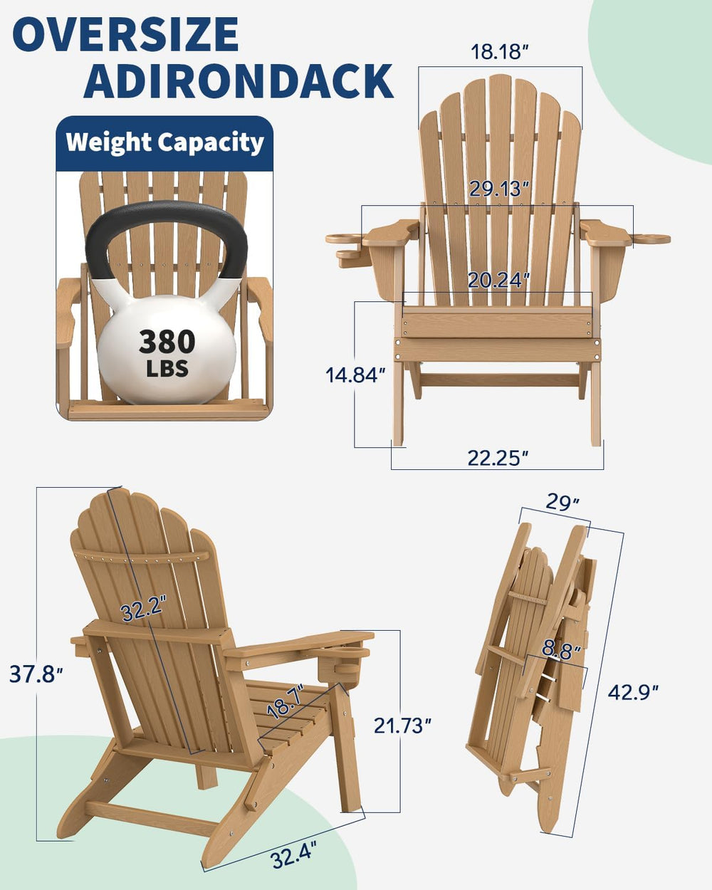 Plawdlik Oversized Folding Adirondack Chair, HDPE All-Weather Patio Chair wit...