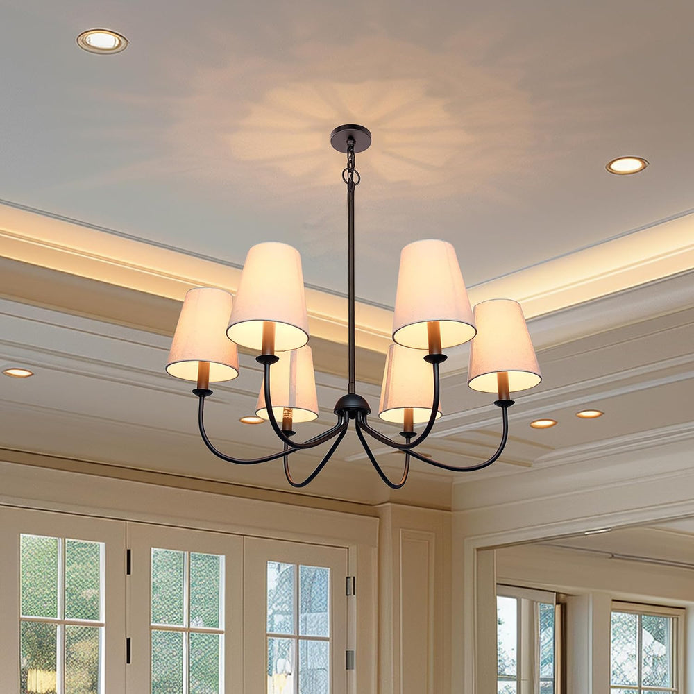 Chandelier, Matte Black with Linen Fabric Shade, 6-Light 28" Modern Farm...