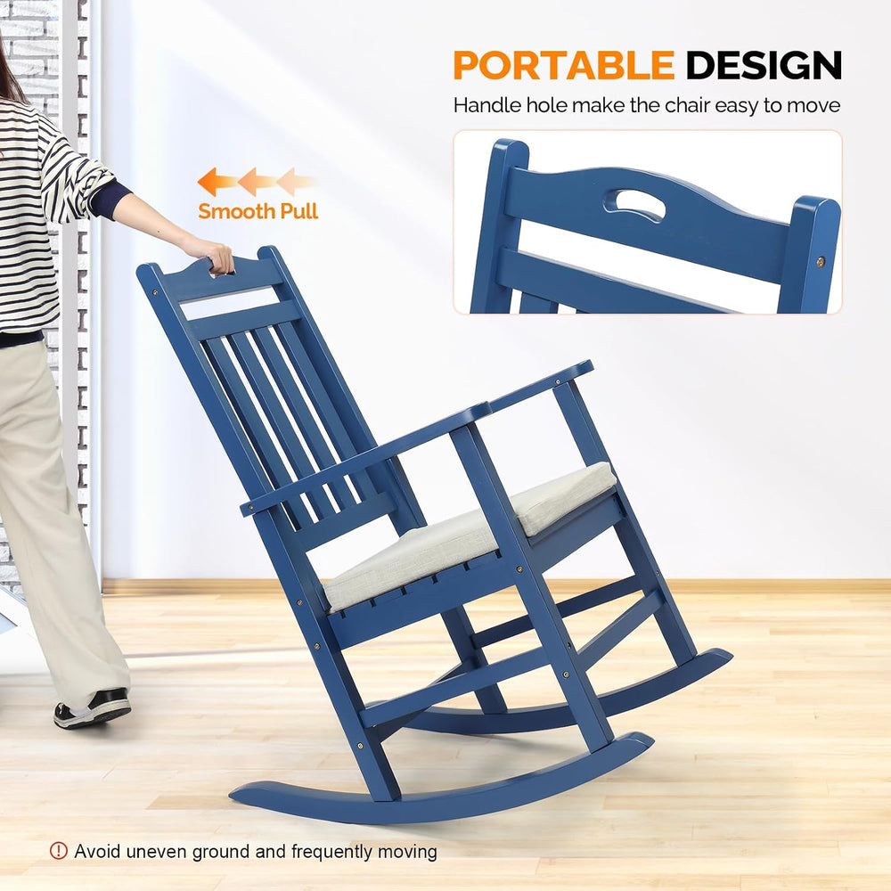 VINGLI Outdoor Rocking Chair Set of 2 Wood Rocking Chair with Cushion Blue