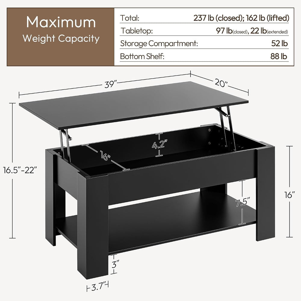 Yaheetech Black Lift Top Coffee Table with Storage for Living Room, 38.6"