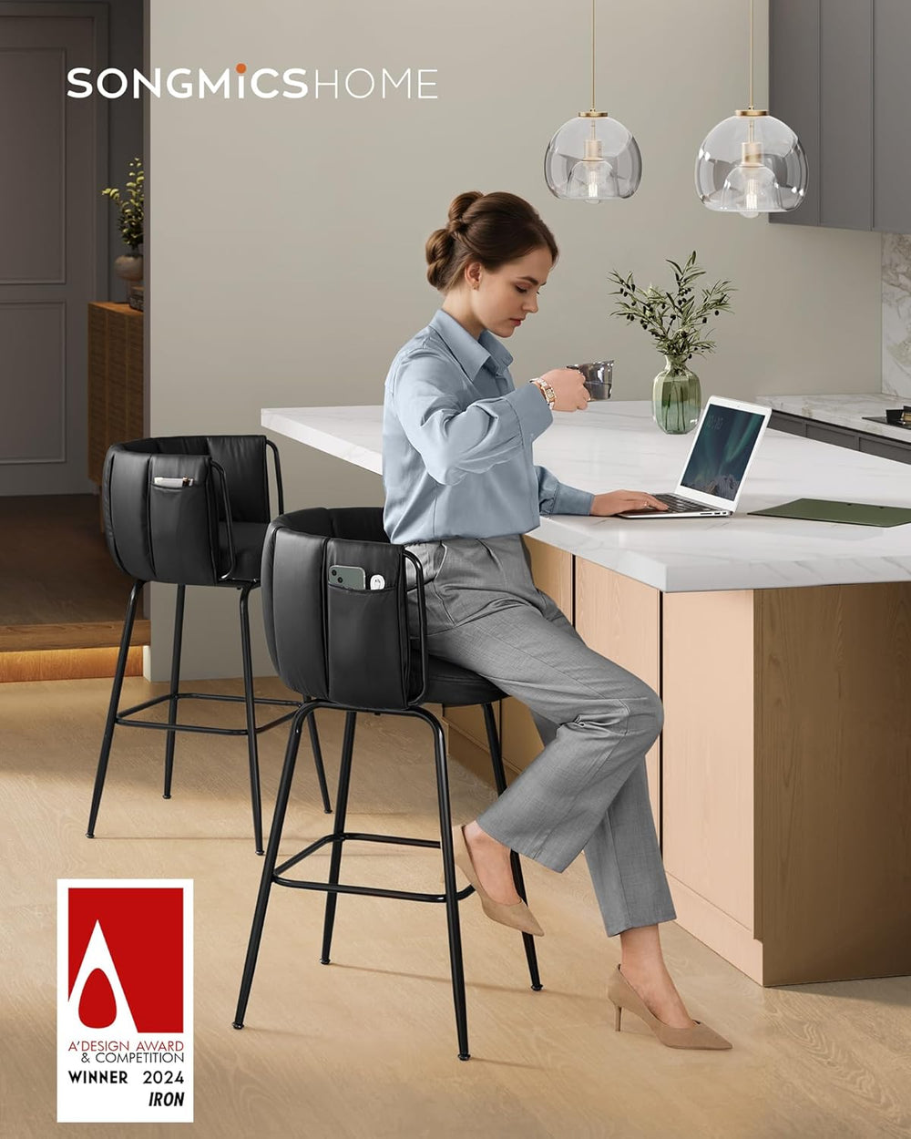 SONGMICS Home Bar Stools Set of 4, 360° Swivel,Bar Height