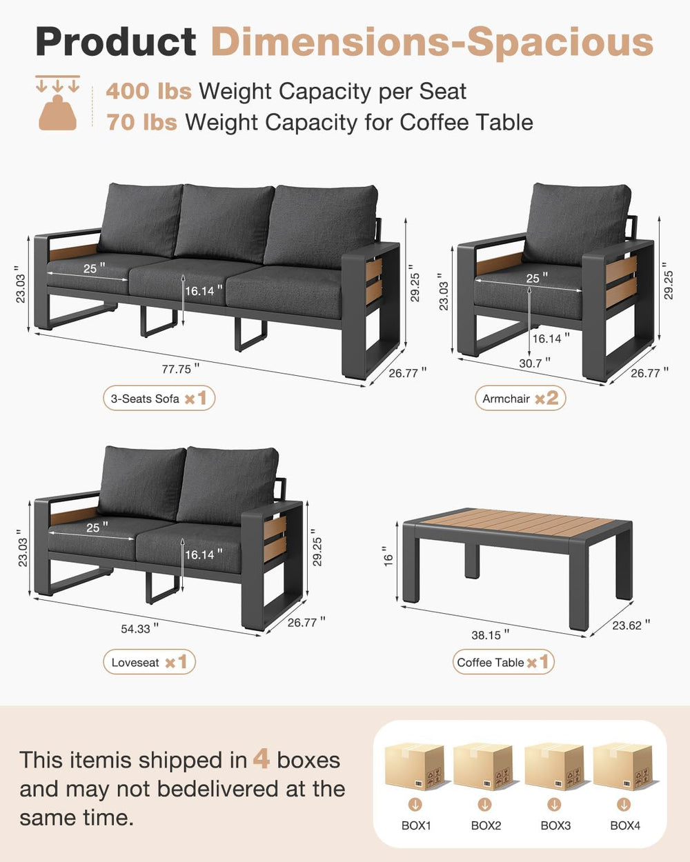 Aoxun Aluminum Patio Furniture Set, 5 Piece Luxury Outdoor Sectional with 6&q...