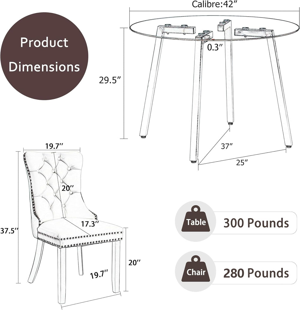5 Piece Clear Round Glass Top Dining Set, 42'' Mid Century Modern Cir...