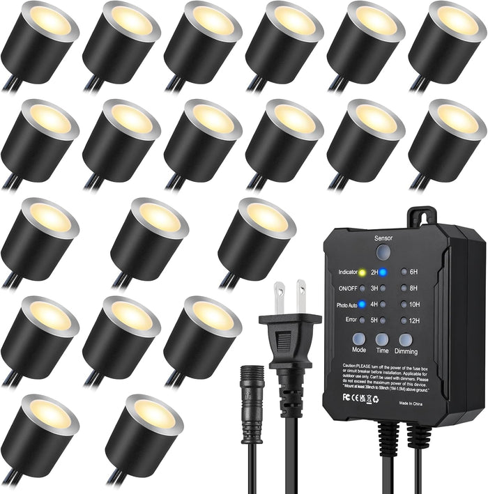 SMY Lighting Dimmable LED Deck Lights with Timer and Photocell Sensor and Protecting Shell φ32mm,20Pack Outdoor LED Smart Deck Lighting IP67 Waterproof for Garden,Yard Stair, Patio, Floor Decoration