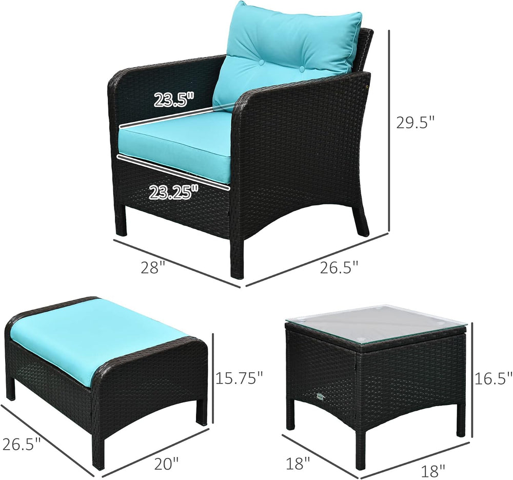 Outsunny 5 Pieces Rattan Wicker Lounge Chair 2 Ottomans Brown/Blue