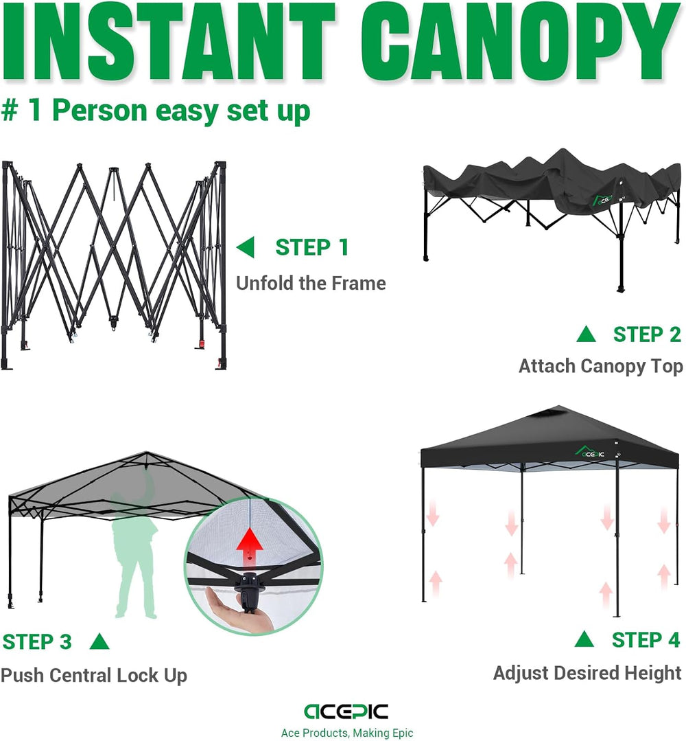 Acepic 10x10 Pop Up Canopy Tent, Easy Setup Portable Shelter, Black, 10*10