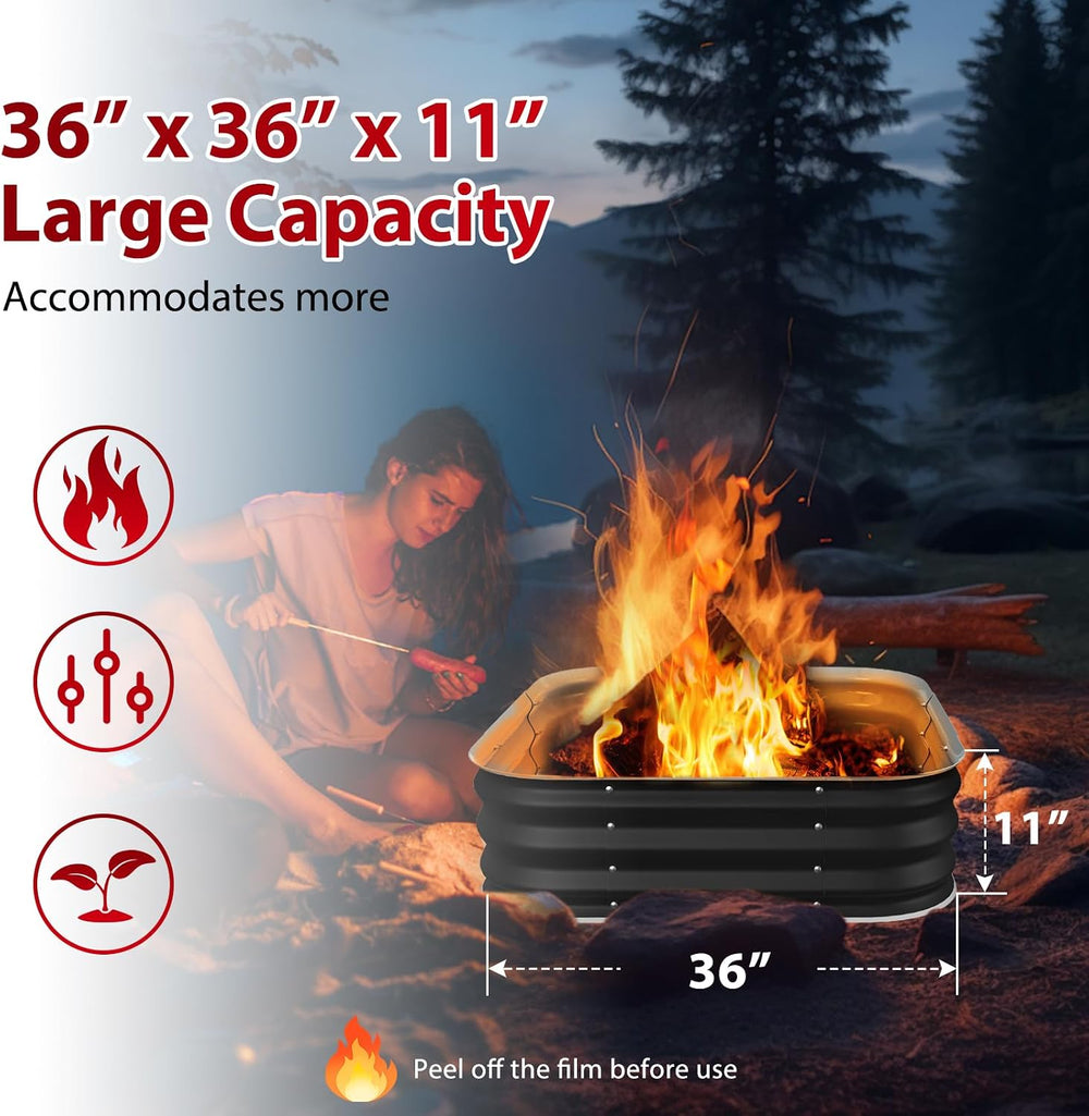Fire Pit 36 Inch, Height 11.5 Inch, Square Galvanized Steel Fire Pit for Outs...