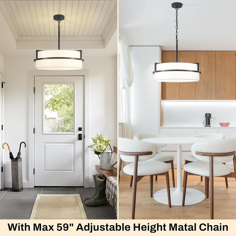 19.7" Black Drum Chandelier, Drum Pendant Light with White Linen Shade