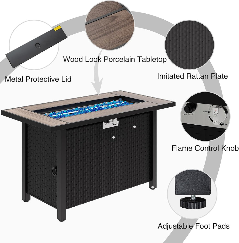 45in Fire Table, Propane Fire Pit with Glass Wind Guard and Rain Cover, Outdo...