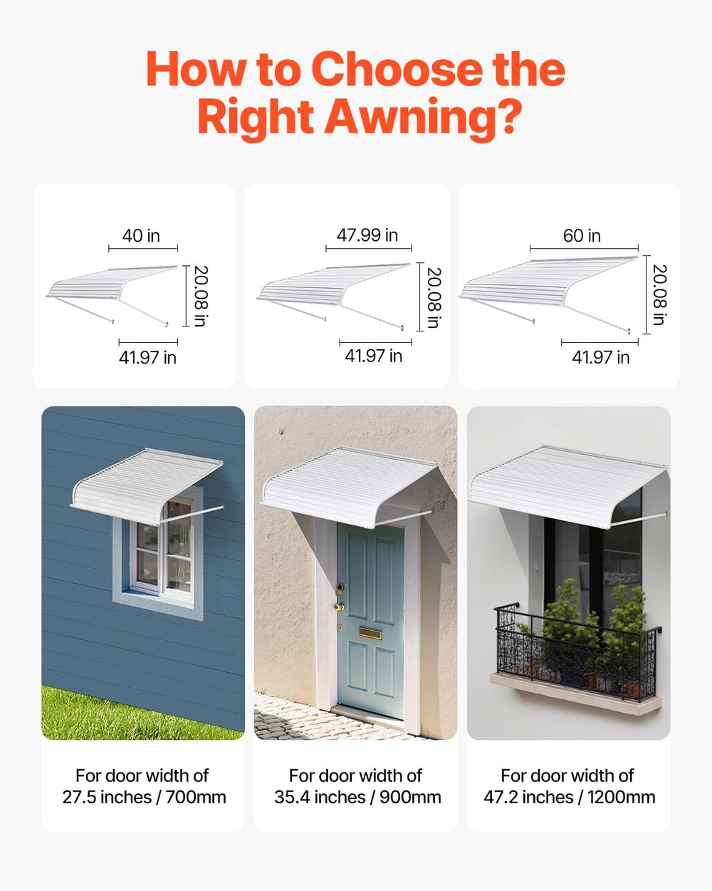VEVOR Aluminum Awning 48 x 42 in, Durable Window Awning Door Canopy, Lightwei...