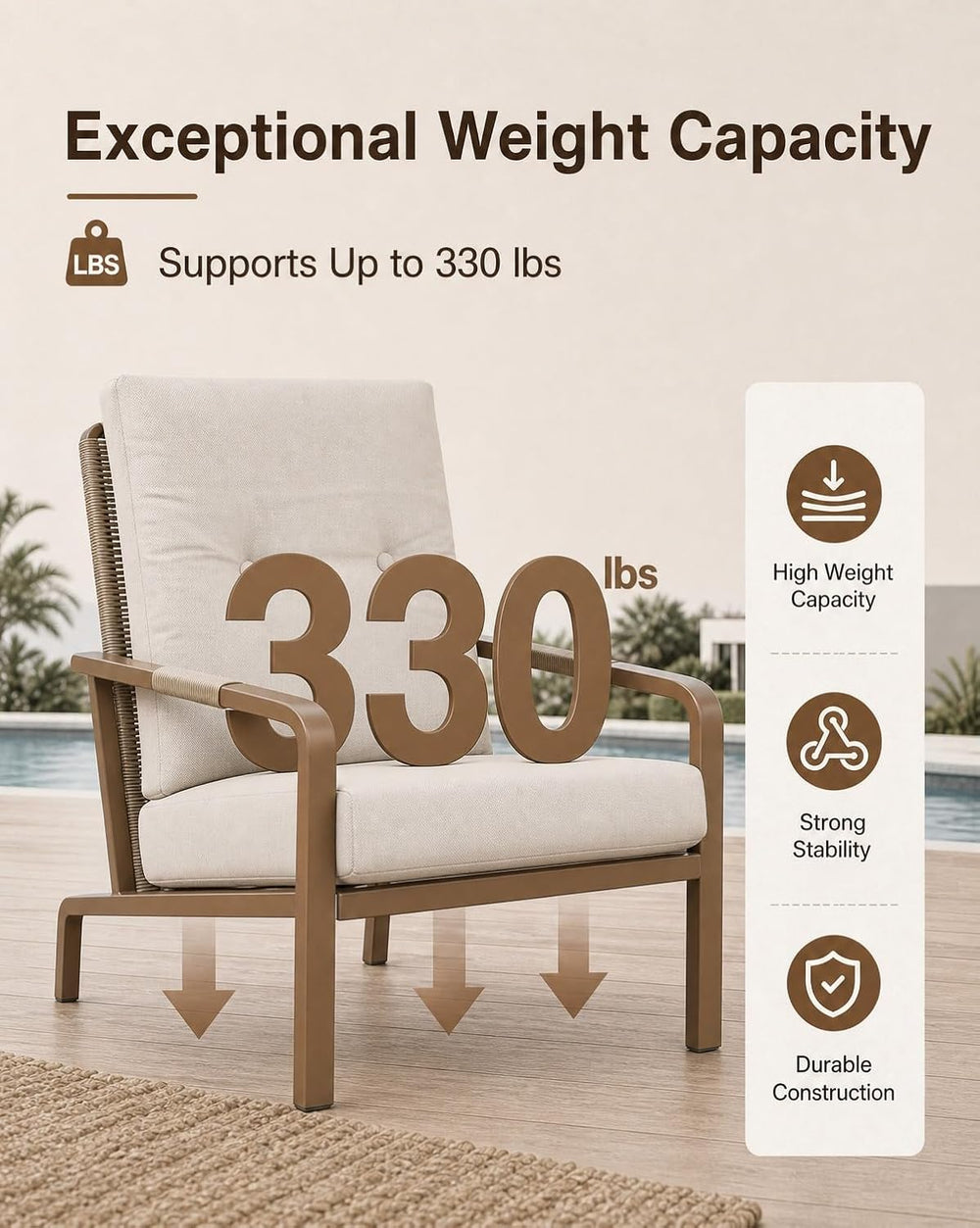 Aluminum Patio Set, 2 Chairs & Side Table, Washable Cushions, Beige (3 Pi...