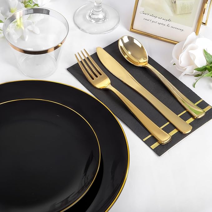 NOCCUR 350PCS Black and Gold Plastic Plates - Black Disposable Dinnerware Set...