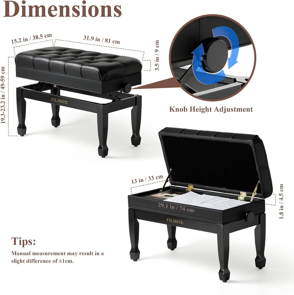 Genuine Leather Duet Piano Bench with Storage,Adjustable Heavy Duty Wooden Do...