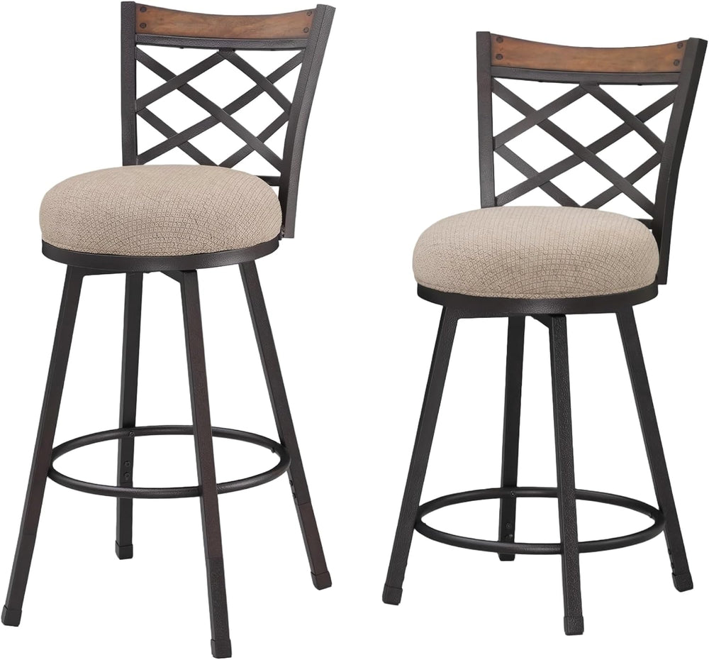 KORZEY Swivel Bar Stools Set of 2, 25/30 Inch Adjustable Beige Fabric Bar Cha...