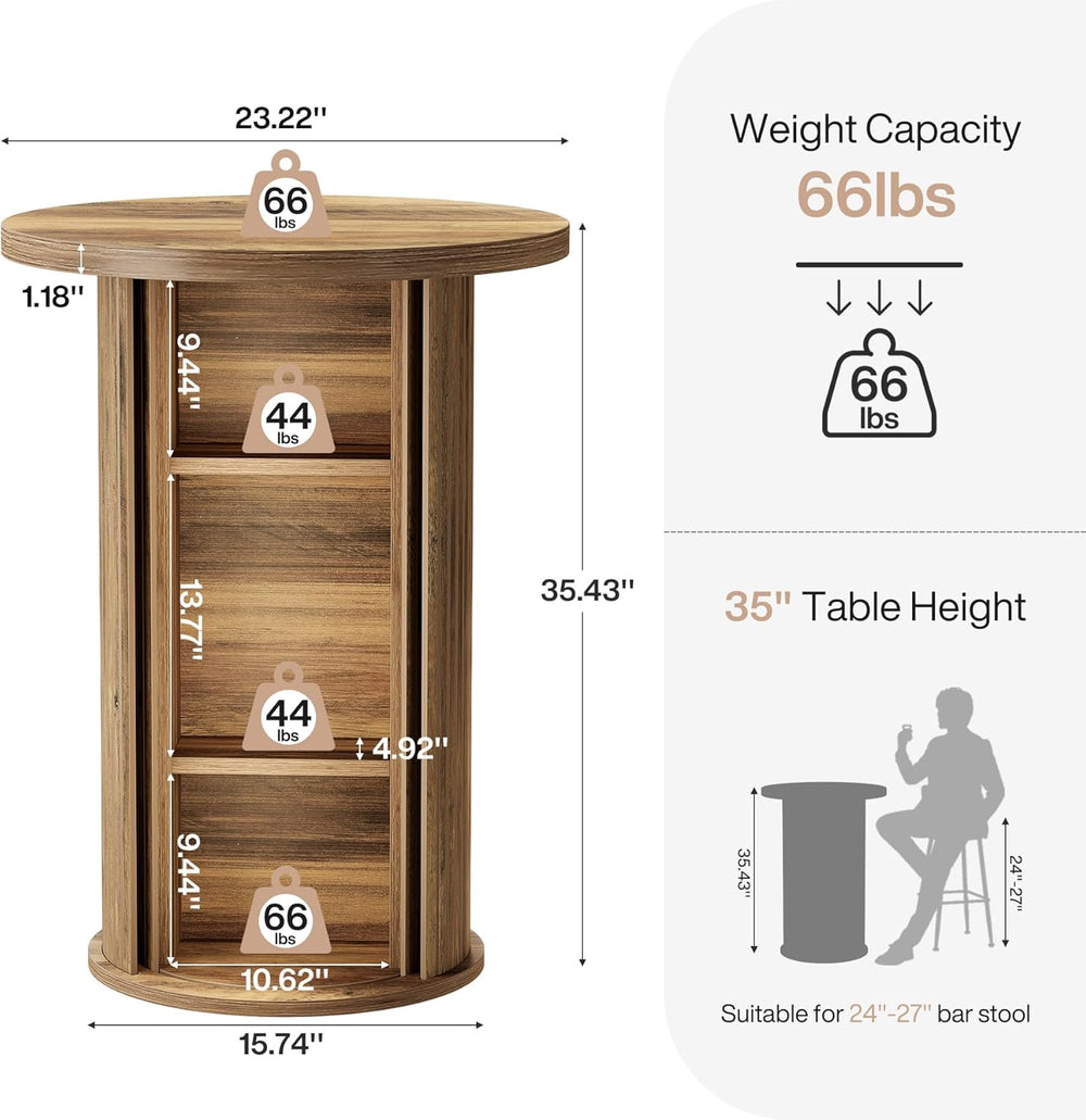 Tribesigns Round Bar Table, 35.4" Rustic Cocktail Table with 3-Tier Hidd...