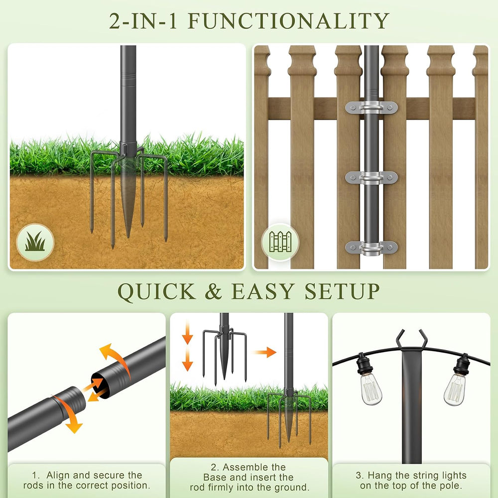 Jusgym String Light Poles for Outside, 10ft Adjustable Metal Poles for Outdoo...