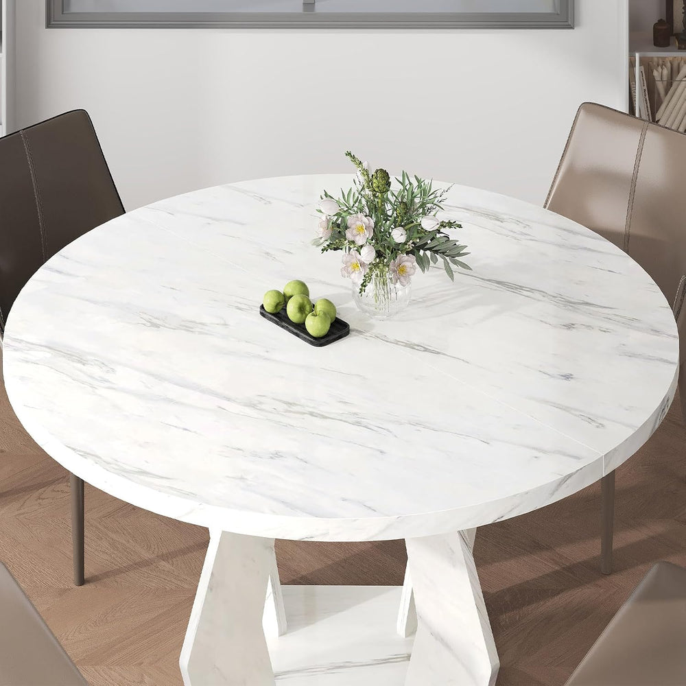 IBF White Marble Round Dining Table, Modern Wood Dinner Tables, 47 Inch