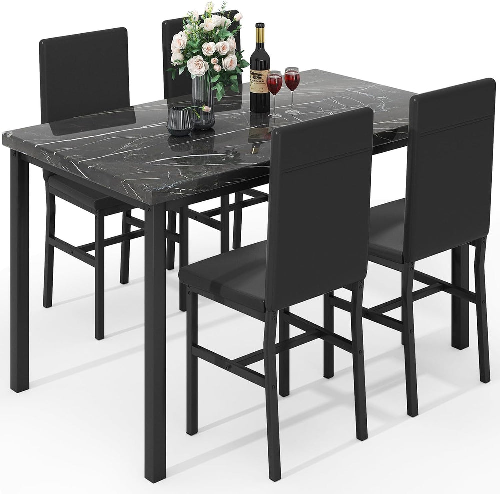 Hooseng Dining Table Set for 4, Modern Faux Marble Kitchen Table with 4 PU Le...