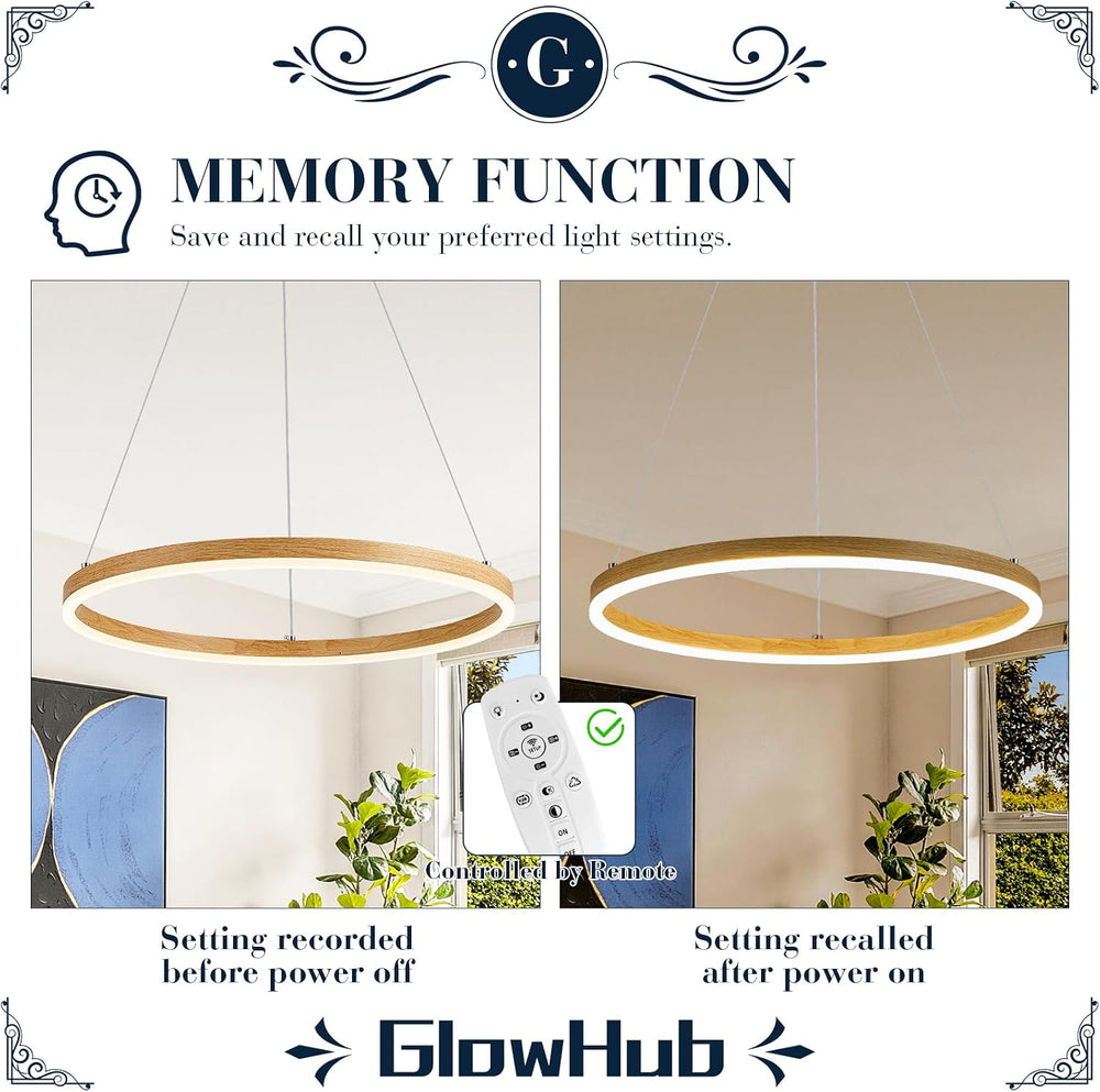 Ring Chandelier LED Wood Grain Round Chandeliers Modern Farmhouse Pendant Lig...