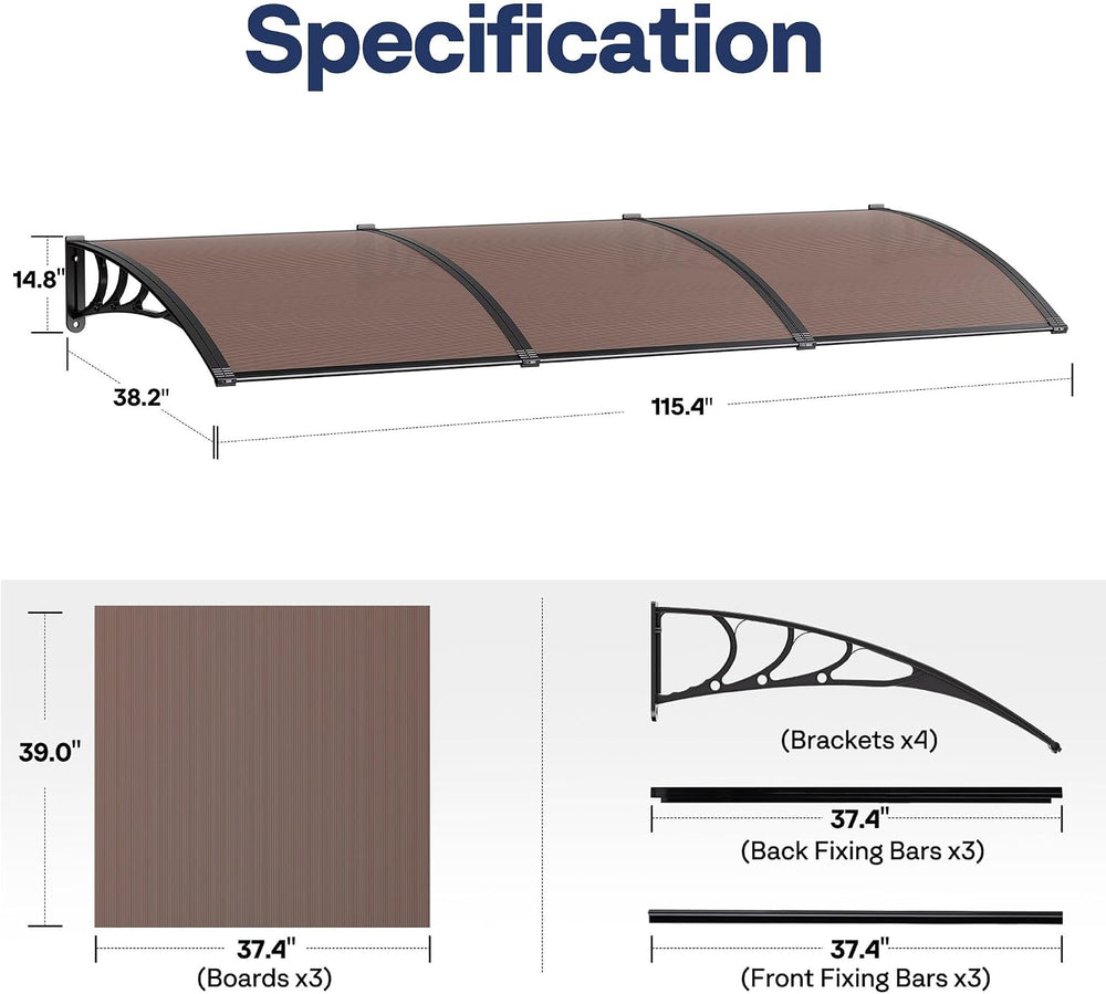 VIVOHOME Polycarbonate Window Door Awning Brown 38 Inch x 115 Inch