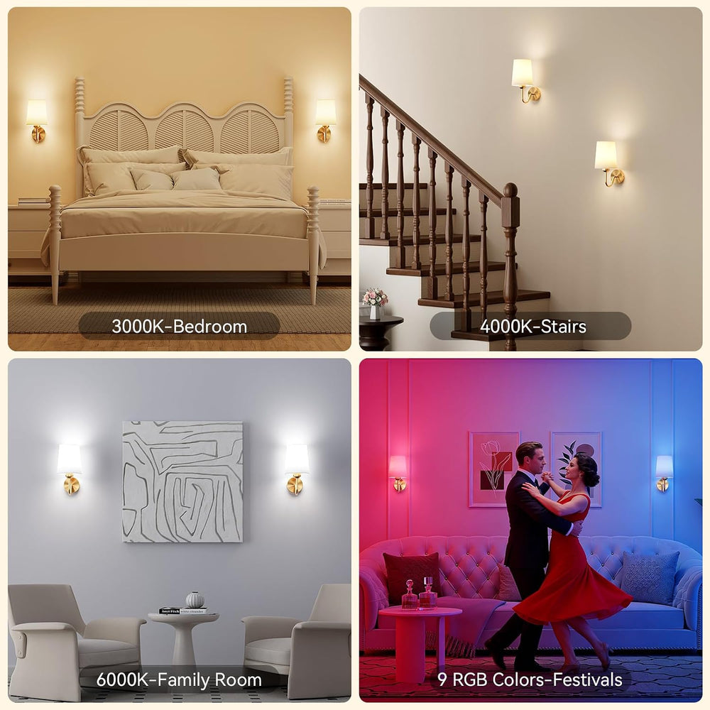 Battery Operated Wall Sconces Set of 2, Remote Control, RGB Bulb, Gold
