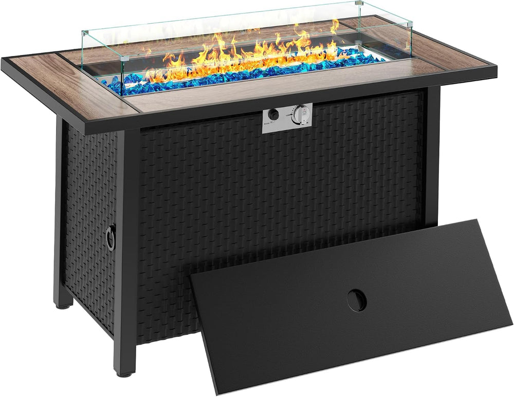 45in Fire Table, Propane Fire Pit with Glass Wind Guard and Rain Cover, Outdo...