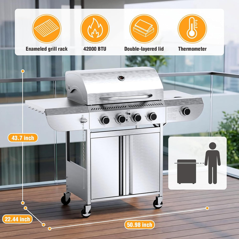 Electactic Stainless Steel 4-Burner Gas Grill with Side Burner – 42000BTU Pro...