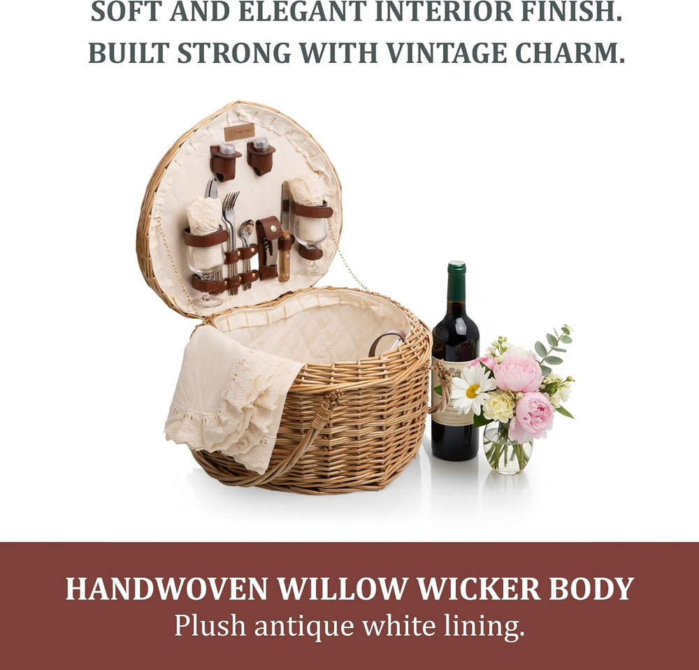 PICNIC TIME Heart Picnic Basket for 2, Wicker Basket with Handle, Complete De...